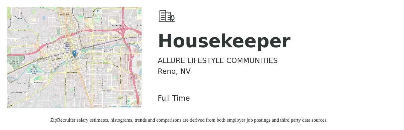 ALLURE LIFESTYLE COMMUNITIES job posting for a Housekeeper in Reno, NV with a salary of $14 to $18 Hourly with a map of Reno location.