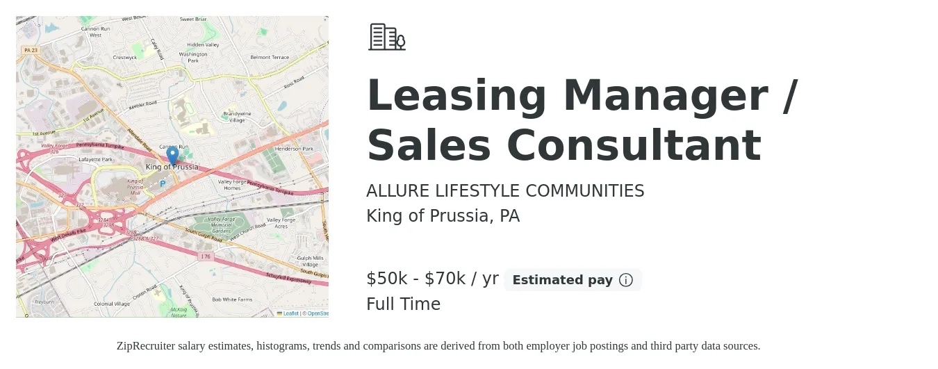 ALLURE LIFESTYLE COMMUNITIES job posting for a Leasing Manager / Sales Consultant in King of Prussia, PA with a salary of $50,000 to $70,000 Yearly with a map of King of Prussia location.