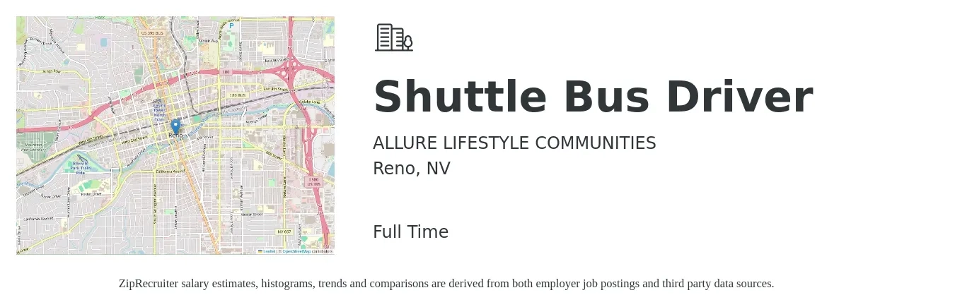 ALLURE LIFESTYLE COMMUNITIES job posting for a Shuttle Bus Driver in Reno, NV with a salary of $18 to $22 Hourly with a map of Reno location.