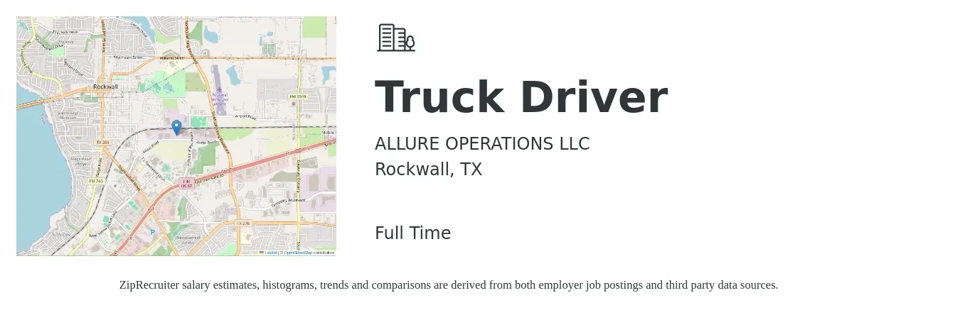 ALLURE OPERATIONS LLC job posting for a Truck Driver in Rockwall, TX with a salary of $18 to $31 Hourly with a map of Rockwall location.