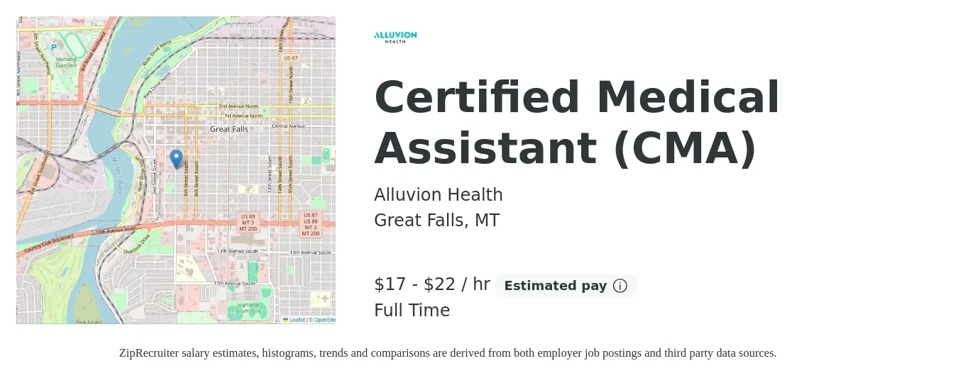 Alluvion Health job posting for a Certified Medical Assistant (CMA) in Great Falls, MT with a salary of $18 to $23 Hourly with a map of Great Falls location.