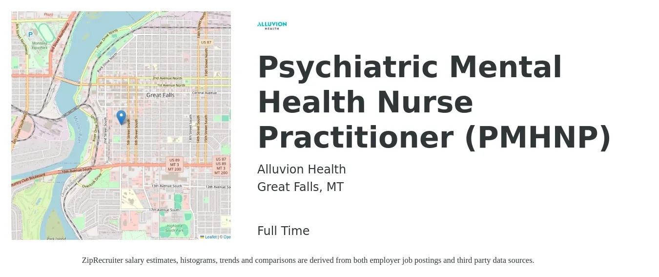 Alluvion Health job posting for a Psychiatric Mental Health Nurse Practitioner (PMHNP) in Great Falls, MT with a salary of $105,400 to $146,300 Yearly with a map of Great Falls location.