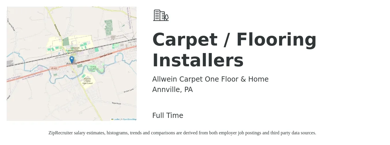 Allwein Carpet One Floor & Home job posting for a Carpet / Flooring Installers in Annville, PA with a salary of $17 to $32 Hourly with a map of Annville location.