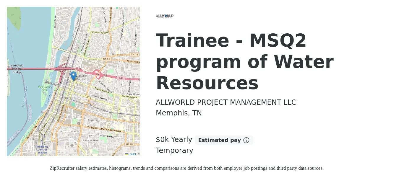 ALLWORLD PROJECT MANAGEMENT LLC job posting for a Trainee - MSQ2 program of Water Resources in Memphis, TN with a salary of $20 to $22 Yearly with a map of Memphis location.