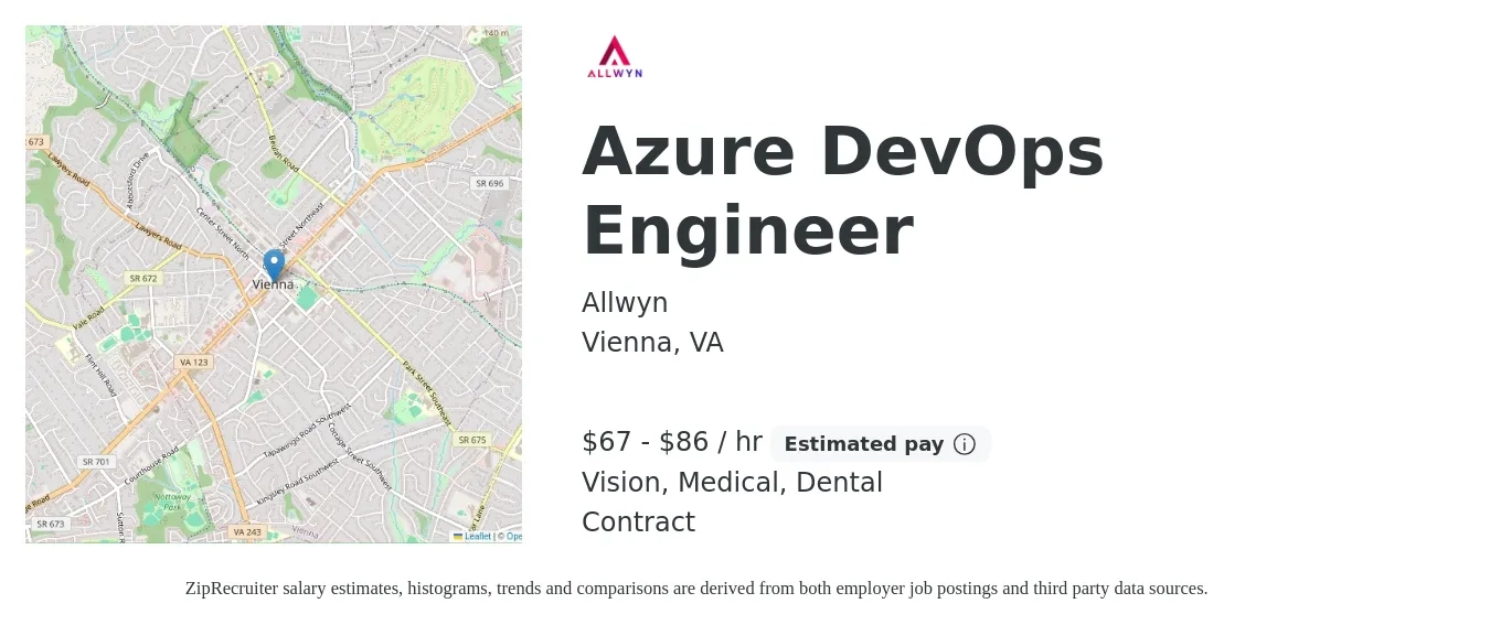 Allwyn job posting for a Azure DevOps Engineer in Vienna, VA with a salary of $70 to $90 Hourly and benefits including dental, life_insurance, medical, and vision with a map of Vienna location.