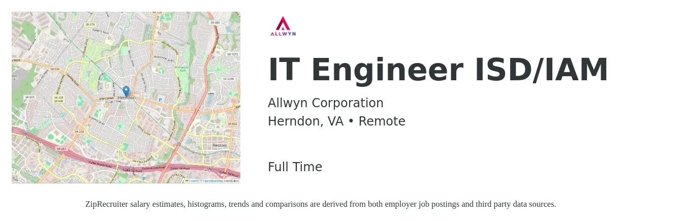 Allwyn Corporation job posting for a IT Engineer ISD/IAM in Herndon, VA with a salary of $70,400 to $116,100 Yearly with a map of Herndon location.