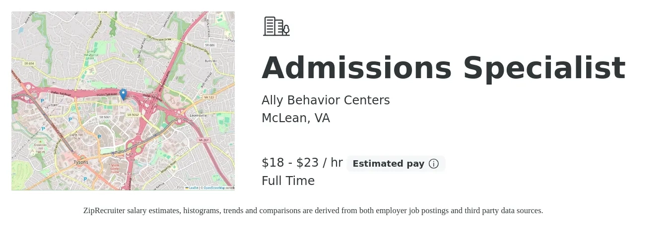 Ally Behavior Centers job posting for a Admissions Specialist in McLean, VA with a salary of $19 to $24 Hourly with a map of McLean location.