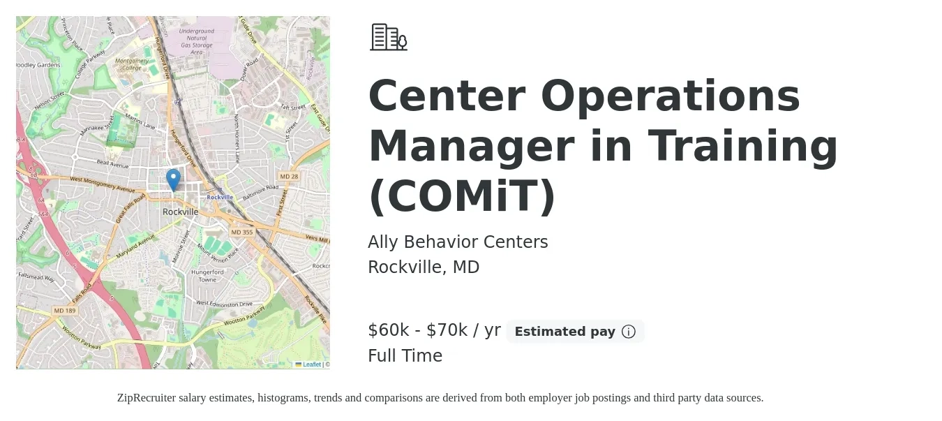 Ally Behavior Centers job posting for a Center Operations Manager in Training (COMiT) in Rockville, MD with a salary of $60,000 to $70,000 Yearly with a map of Rockville location.