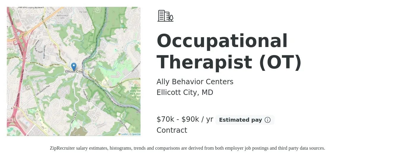 Ally Behavior Centers job posting for a Occupational Therapist (OT) in Ellicott City, MD with a salary of $70,000 to $90,000 Yearly with a map of Ellicott City location.