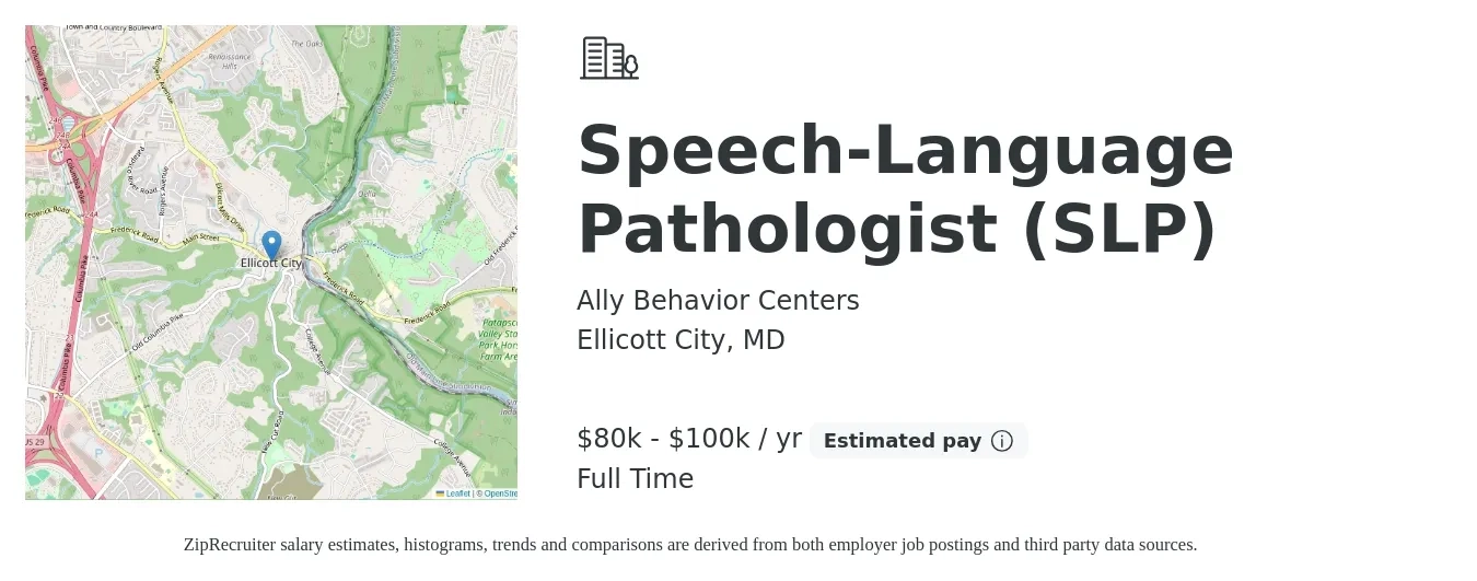 Ally Behavior Centers job posting for a Speech-Language Pathologist (SLP) in Ellicott City, MD with a salary of $80,000 to $100,000 Yearly with a map of Ellicott City location.