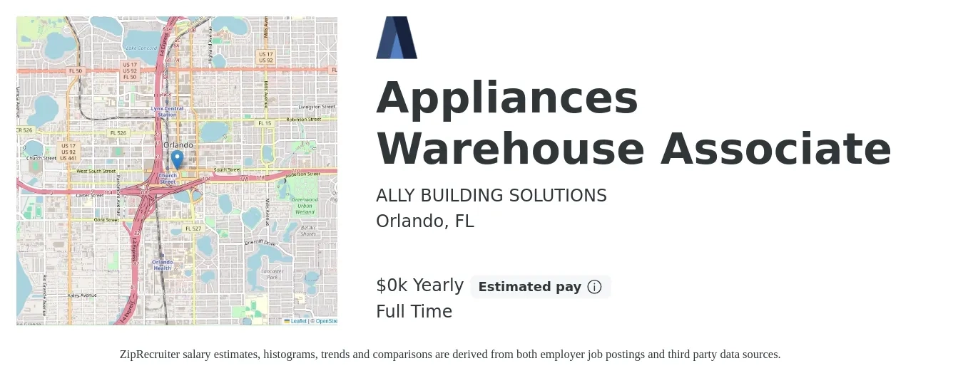ALLY BUILDING SOLUTIONS job posting for a Appliances Warehouse Associate in Orlando, FL with a salary of $18 to $20 Yearly with a map of Orlando location.