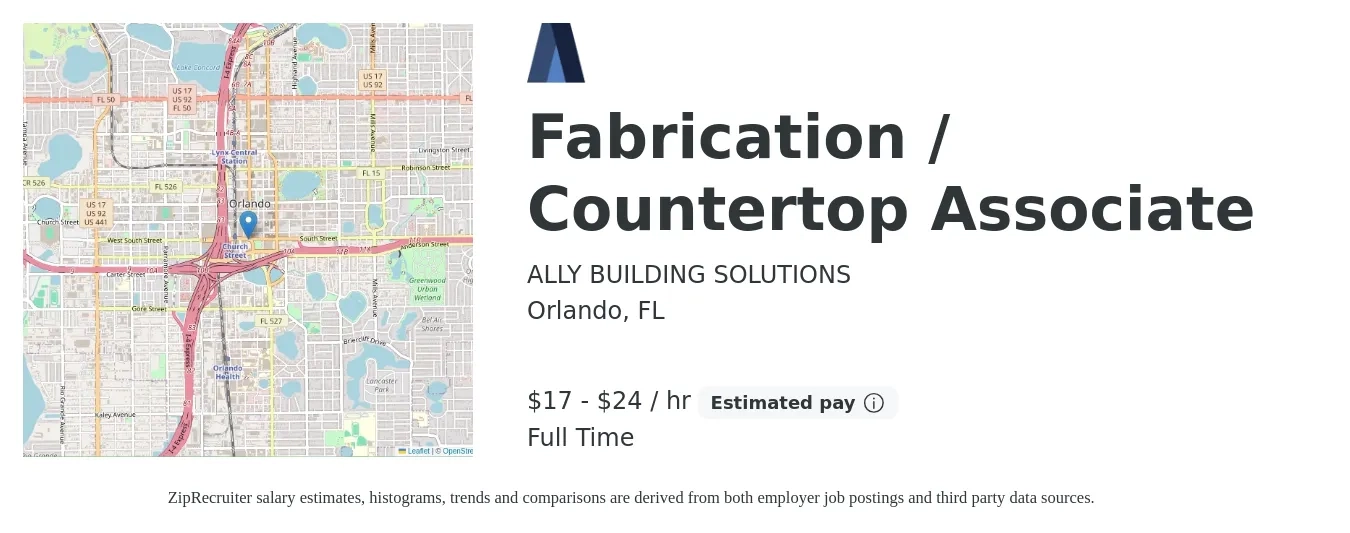 ALLY BUILDING SOLUTIONS job posting for a Fabrication / Countertop Associate in Orlando, FL with a salary of $18 to $25 Hourly with a map of Orlando location.