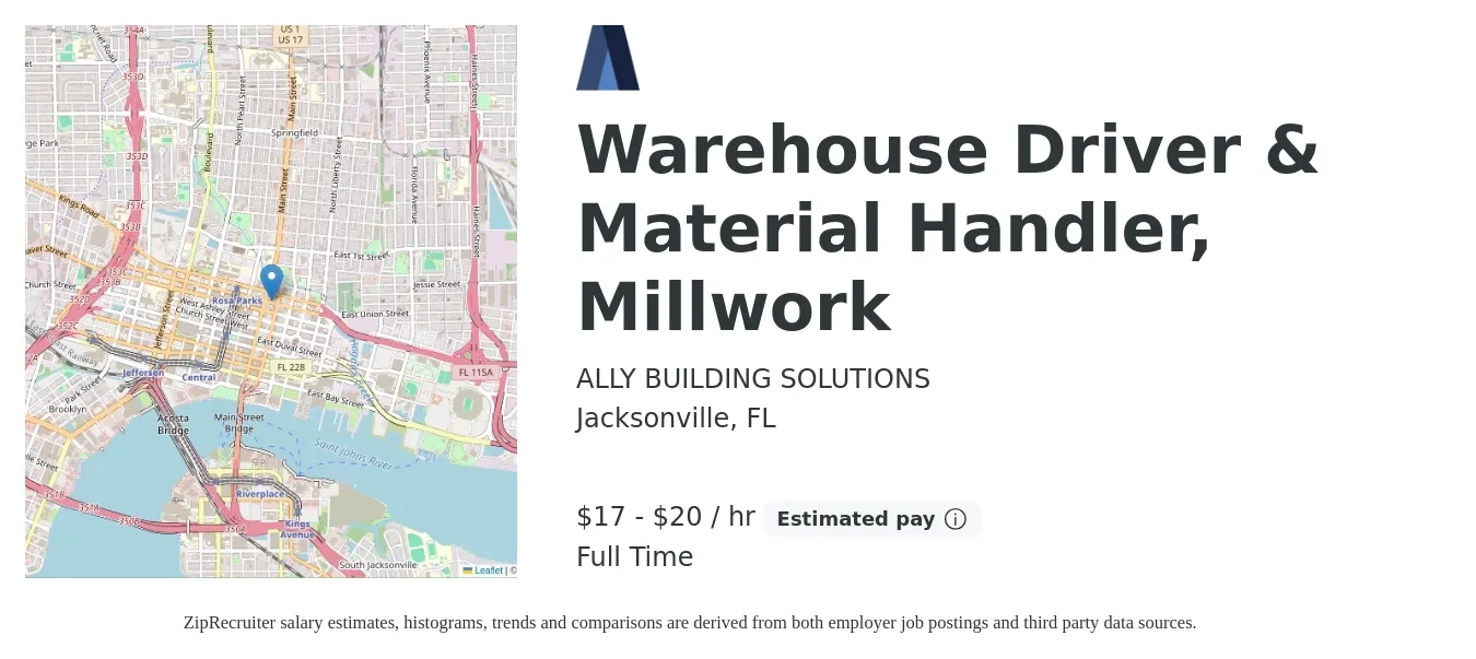 ALLY BUILDING SOLUTIONS job posting for a Warehouse Driver & Material Handler, Door & Trim in Jacksonville, FL with a salary of $18 to $21 Hourly with a map of Jacksonville location.