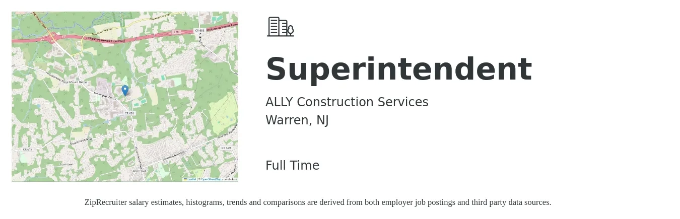 ALLY Construction Services job posting for a Superintendent in Warren, NJ with a salary of $73,400 to $119,400 Yearly with a map of Warren location.