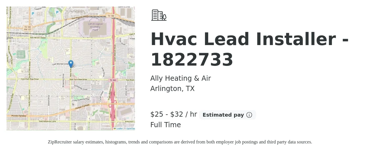 Ally Heating & Air job posting for a Hvac Lead Installer - 1822733 in Arlington, TX with a salary of $26 to $34 Hourly with a map of Arlington location.