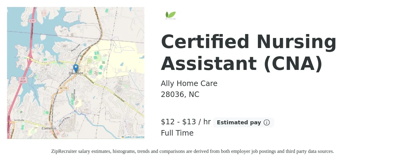 Ally Home Care job posting for a Certified Nursing Assistant (CNA) in 28036, NC with a salary of $12 to $14 Hourly with a map of 28036 location.