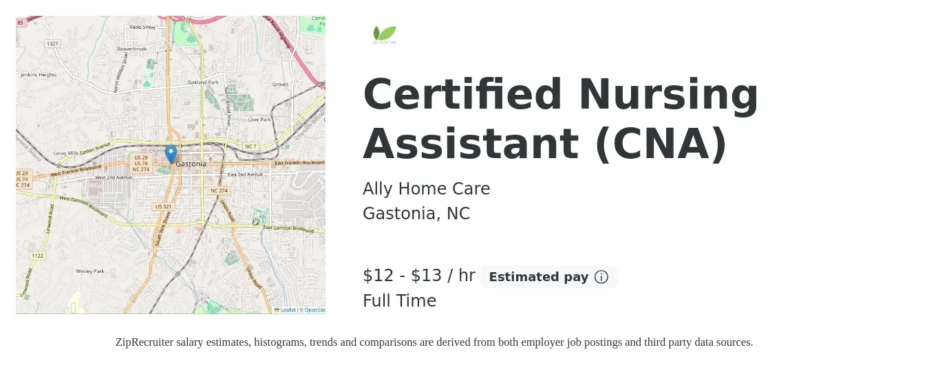 Ally Home Care job posting for a Certified Nursing Assistant (CNA) in Gastonia, NC with a salary of $12 to $14 Hourly with a map of Gastonia location.