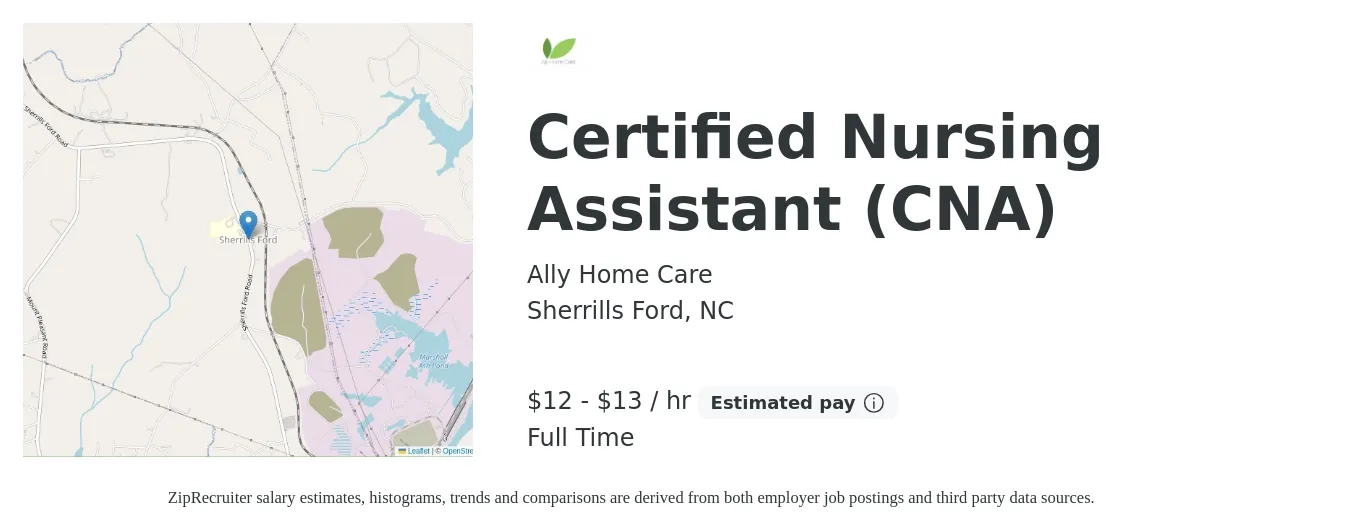 Ally Home Care job posting for a Certified Nursing Assistant (CNA) in Sherrills Ford, NC with a salary of $12 to $14 Hourly with a map of Sherrills Ford location.