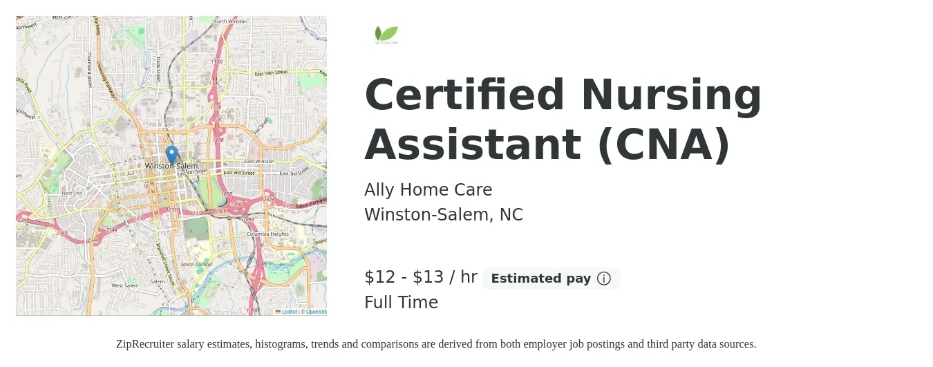 Ally Home Care job posting for a Certified Nursing Assistant (CNA) in Winston-Salem, NC with a salary of $12 to $14 Hourly with a map of Winston-Salem location.