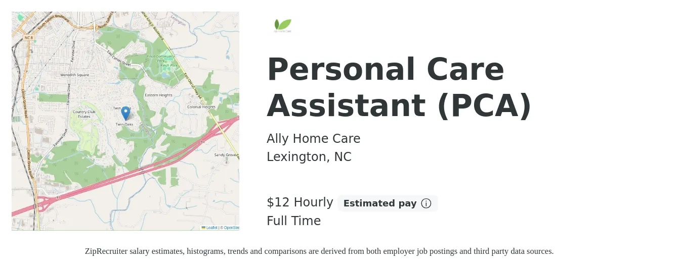 Ally Home Care job posting for a Personal Care Assistant (PCA) in Lexington, NC with a salary of $13 Hourly with a map of Lexington location.