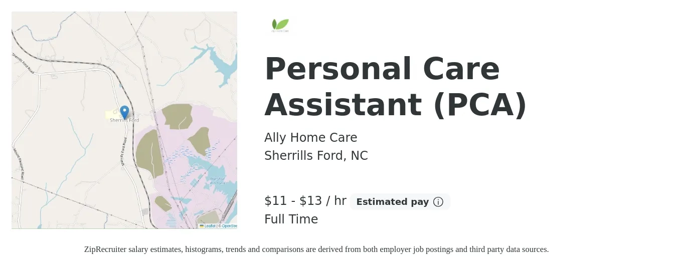 Ally Home Care job posting for a Personal Care Assistant (PCA) in Sherrills Ford, NC with a salary of $12 to $14 Hourly with a map of Sherrills Ford location.