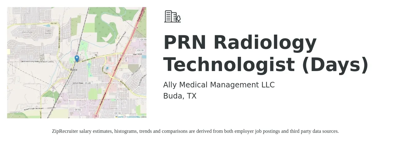 Ally Medical Management LLC job posting for a PRN Radiology Technologist (Days) in Buda, TX with a salary of $1,130 to $2,350 Weekly with a map of Buda location.