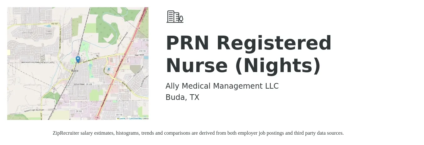 Ally Medical Management LLC job posting for a PRN Registered Nurse (Nights) in Buda, TX with a map of Buda location.