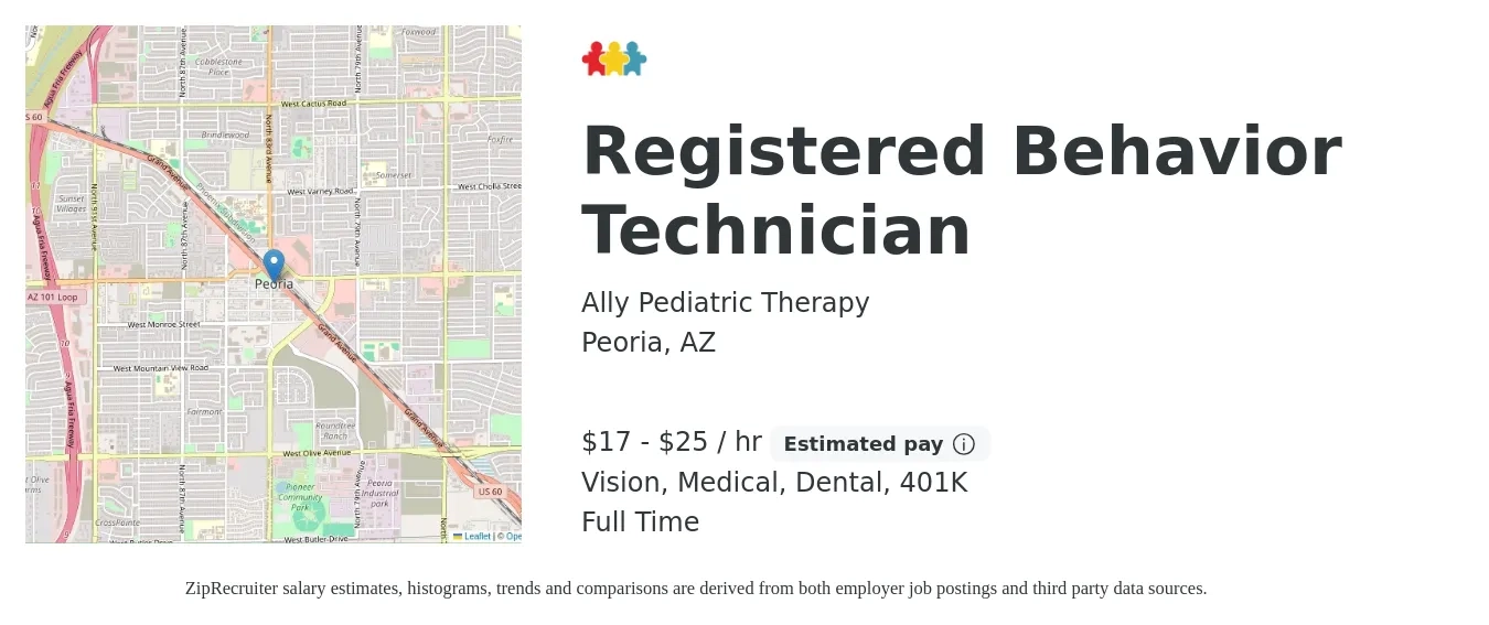 Ally Pediatric Therapy job posting for a Registered Behavior Technician in Peoria, AZ with a salary of $18 to $26 Hourly and benefits including 401k, dental, life_insurance, medical, and vision with a map of Peoria location.