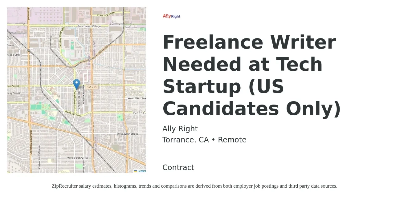 Ally Right job posting for a Freelance Writer Needed at Tech Startup (US Candidates Only) in Torrance, CA with a salary of $22 to $28 Hourly with a map of Torrance location.