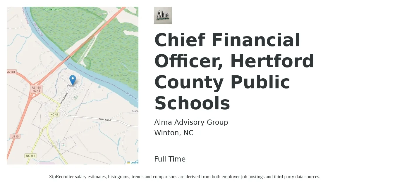 Alma Advisory Group job posting for a Chief Financial Officer, Hertford County Public Schools in Winton, NC with a salary of $128,400 to $186,800 Yearly with a map of Winton location.