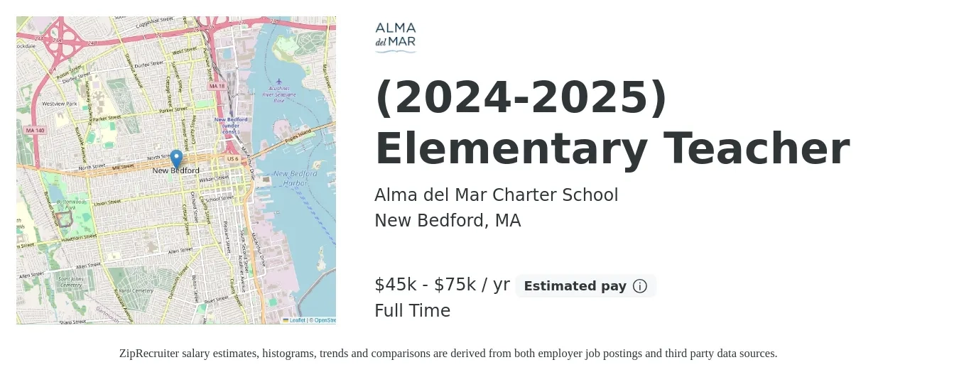 Alma del Mar Charter School job posting for a (2024-2025) Elementary Teacher in New Bedford, MA with a salary of $45,000 to $75,000 Yearly with a map of New Bedford location.