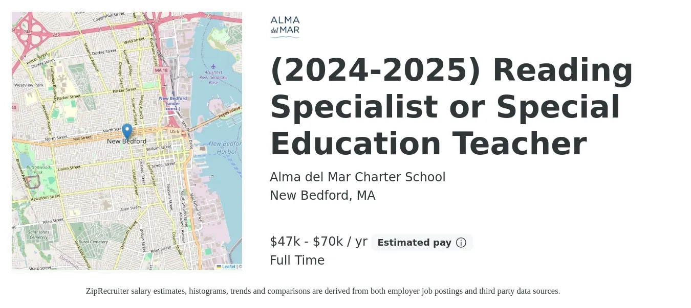 Alma del Mar Charter School job posting for a (2024-2025) Reading Specialist or Special Education Teacher in New Bedford, MA with a salary of $47,000 to $70,000 Yearly with a map of New Bedford location.