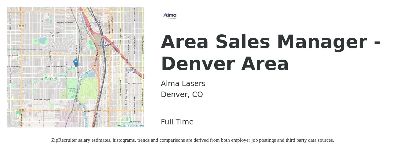 Alma Lasers job posting for a Area Sales Manager - Denver Area in Denver, CO with a salary of $74,200 to $116,000 Yearly with a map of Denver location.