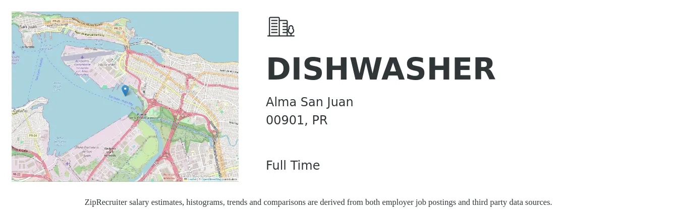 Alma San Juan job posting for a DISHWASHER in 00901, PR with a salary of $11 Hourly with a map of 00901 location.