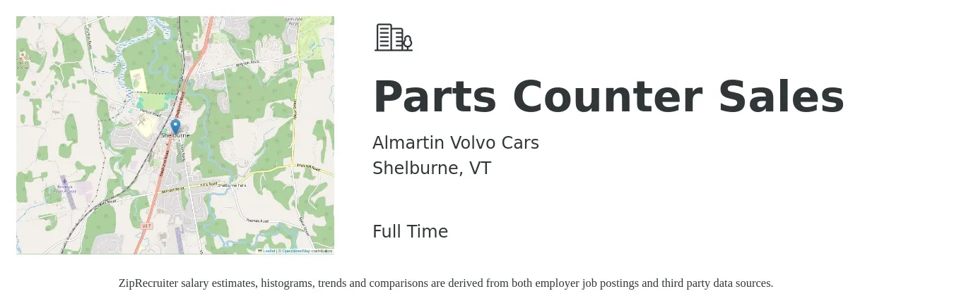Almartin Volvo Cars job posting for a Parts Counter Sales in Shelburne, VT with a salary of $19 to $26 Hourly with a map of Shelburne location.