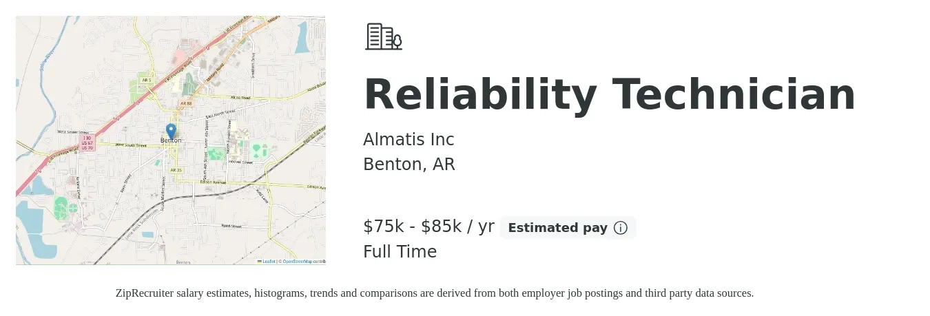 Almatis Inc job posting for a Reliability Technician in Benton, AR with a salary of $75,000 to $85,000 Yearly with a map of Benton location.