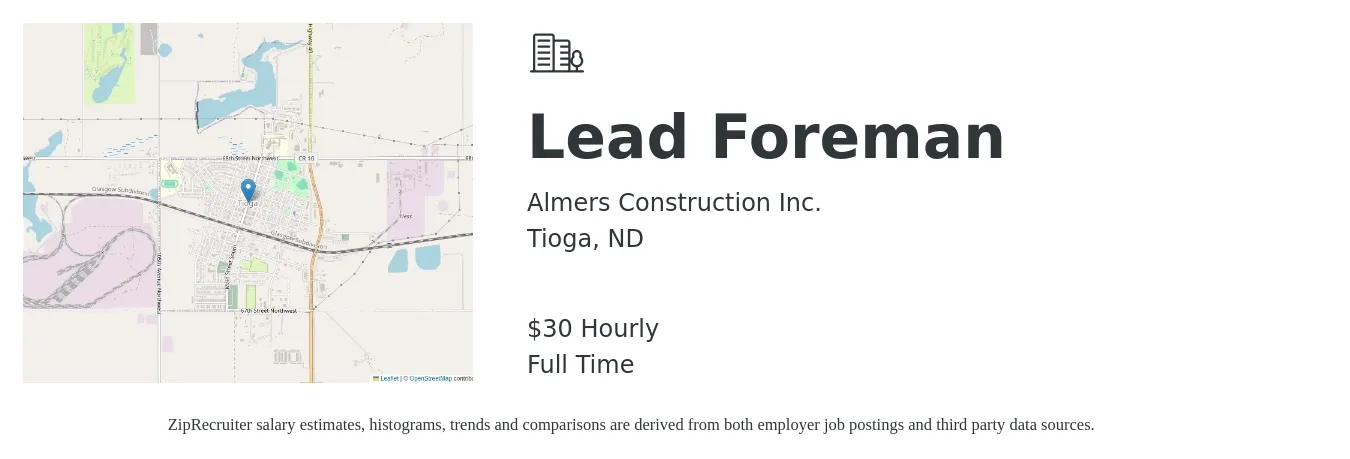 Almers Construction Inc. job posting for a Lead Foreman in Tioga, ND with a salary of $32 Hourly with a map of Tioga location.