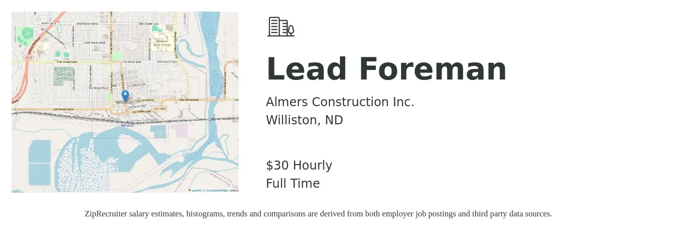 Almers Construction Inc. job posting for a Lead Foreman in Williston, ND with a salary of $32 Hourly with a map of Williston location.