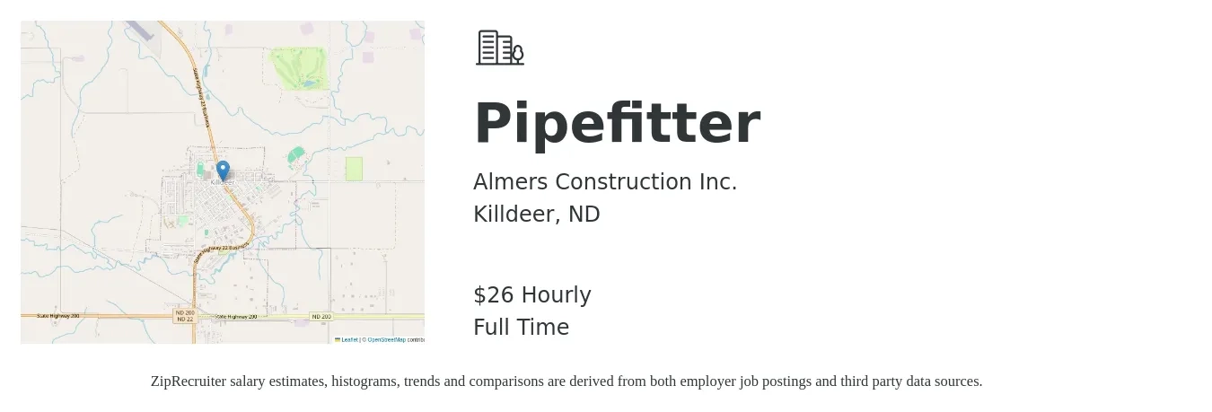 Almers Construction Inc. job posting for a Pipefitter in Killdeer, ND with a salary of $28 Hourly with a map of Killdeer location.