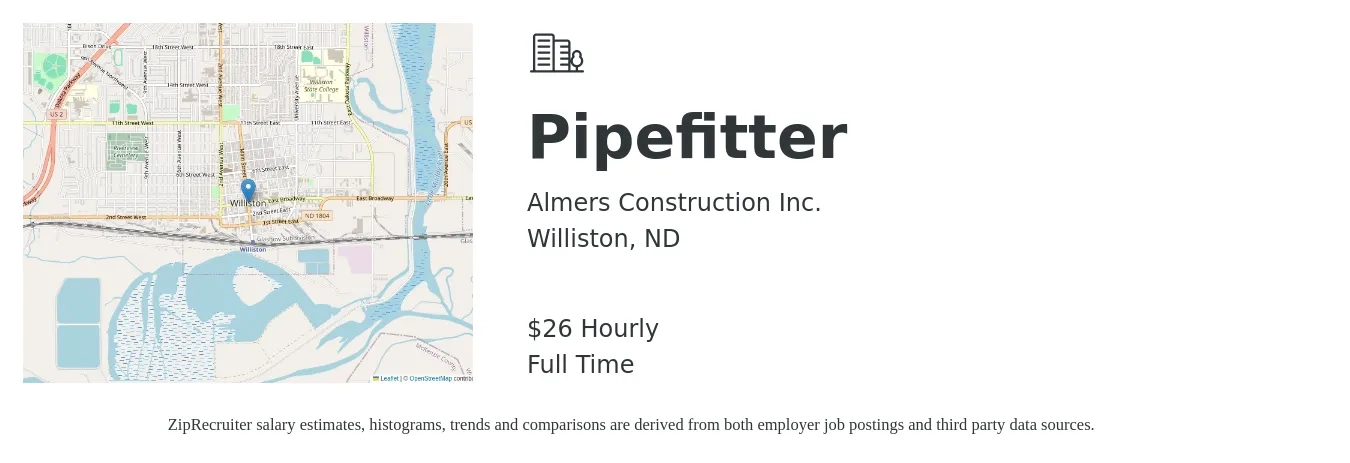 Almers Construction Inc. job posting for a Pipefitter in Williston, ND with a salary of $28 Hourly with a map of Williston location.