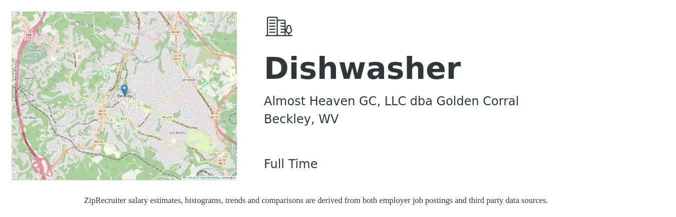 Almost Heaven GC, LLC dba Golden Corral job posting for a Dishwasher in Beckley, WV with a salary of $13 to $16 Hourly with a map of Beckley location.