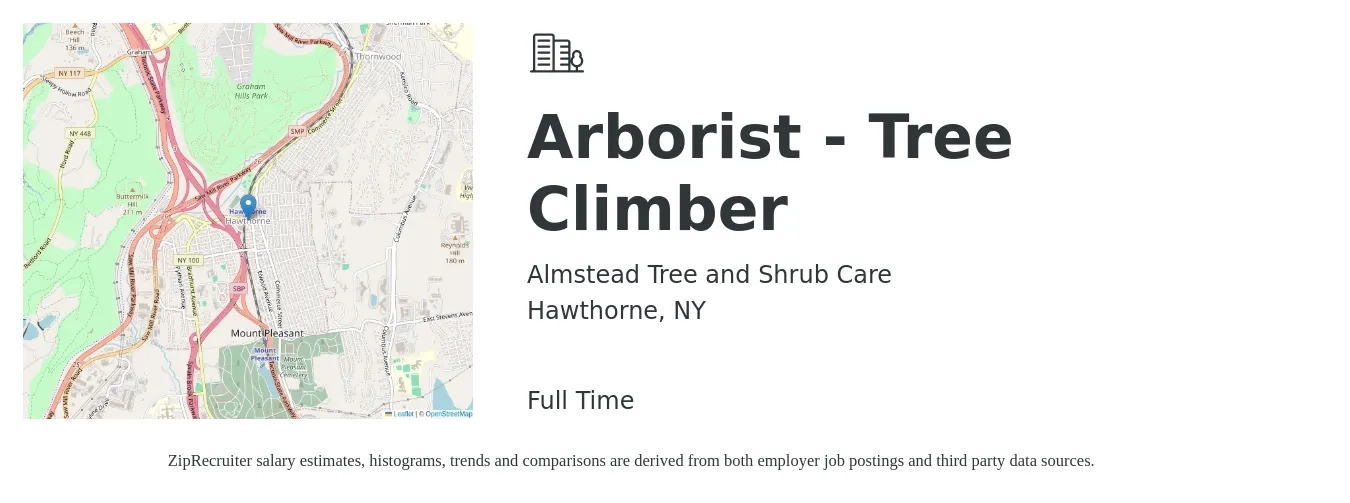 Almstead Tree and Shrub Care job posting for a Arborist - Tree Climber in Hawthorne, NY with a salary of $22 to $32 Hourly with a map of Hawthorne location.