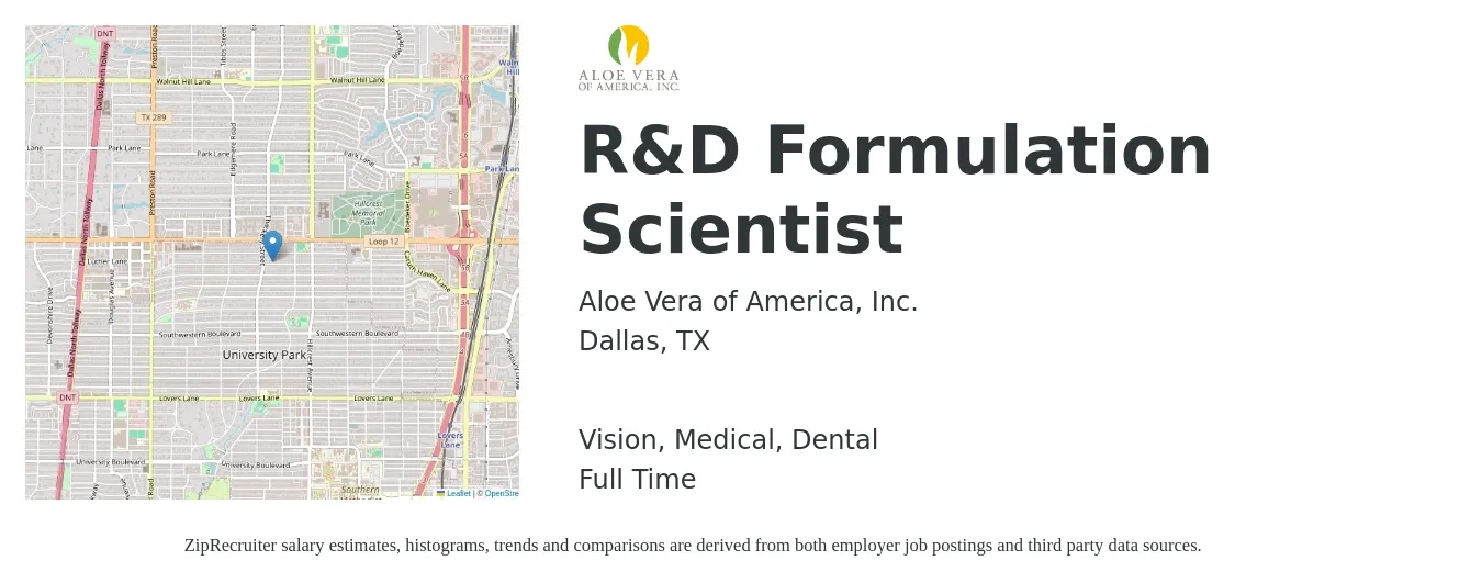 Aloe Vera of America, Inc. job posting for a R&D Formulation Scientist in Dallas, TX with a salary of $26 to $45 Hourly and benefits including pto, vision, dental, life_insurance, and medical with a map of Dallas location.