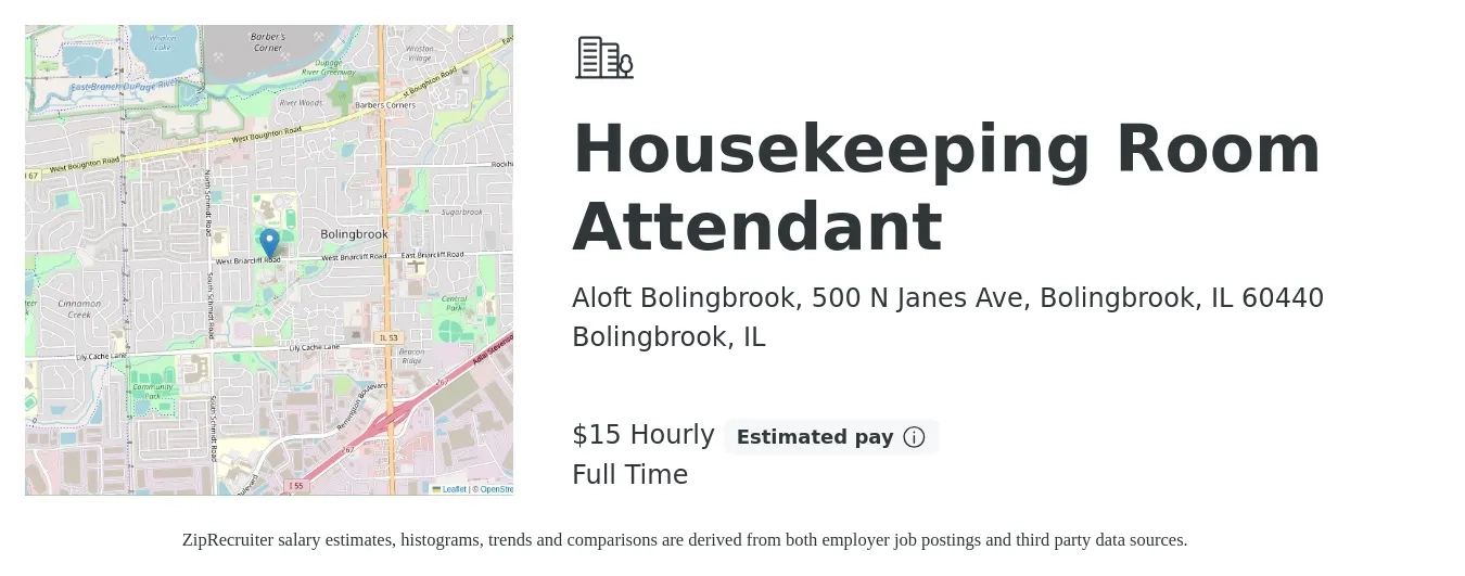 Aloft Bolingbrook, 500 N Janes Ave, Bolingbrook, IL 60440 job posting for a Housekeeping Room Attendant in Bolingbrook, IL with a salary of $16 Hourly with a map of Bolingbrook location.