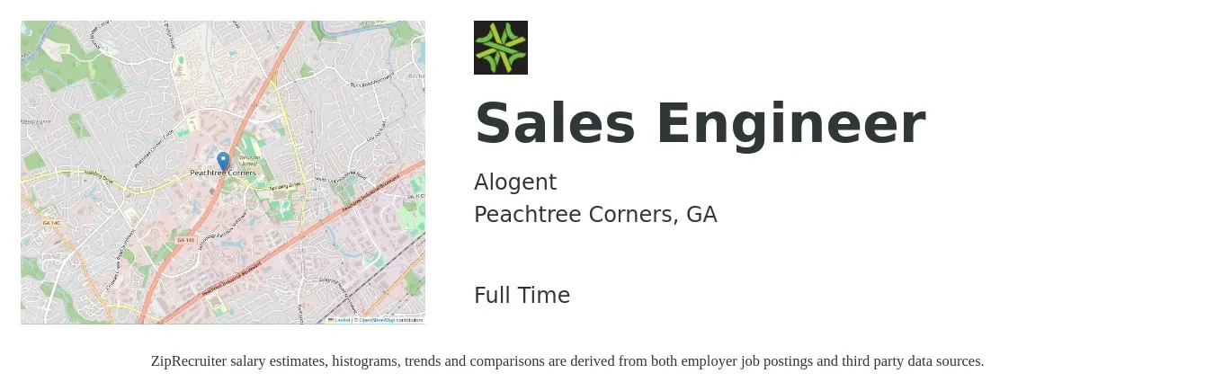 Alogent job posting for a Sales Engineer in Peachtree Corners, GA with a salary of $70,900 to $106,400 Yearly with a map of Peachtree Corners location.