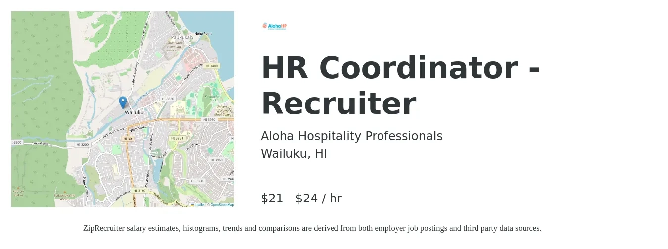 Aloha Hospitality Professionals job posting for a HR Coordinator - Recruiter in Wailuku, HI with a salary of $22 to $24 Hourly with a map of Wailuku location.