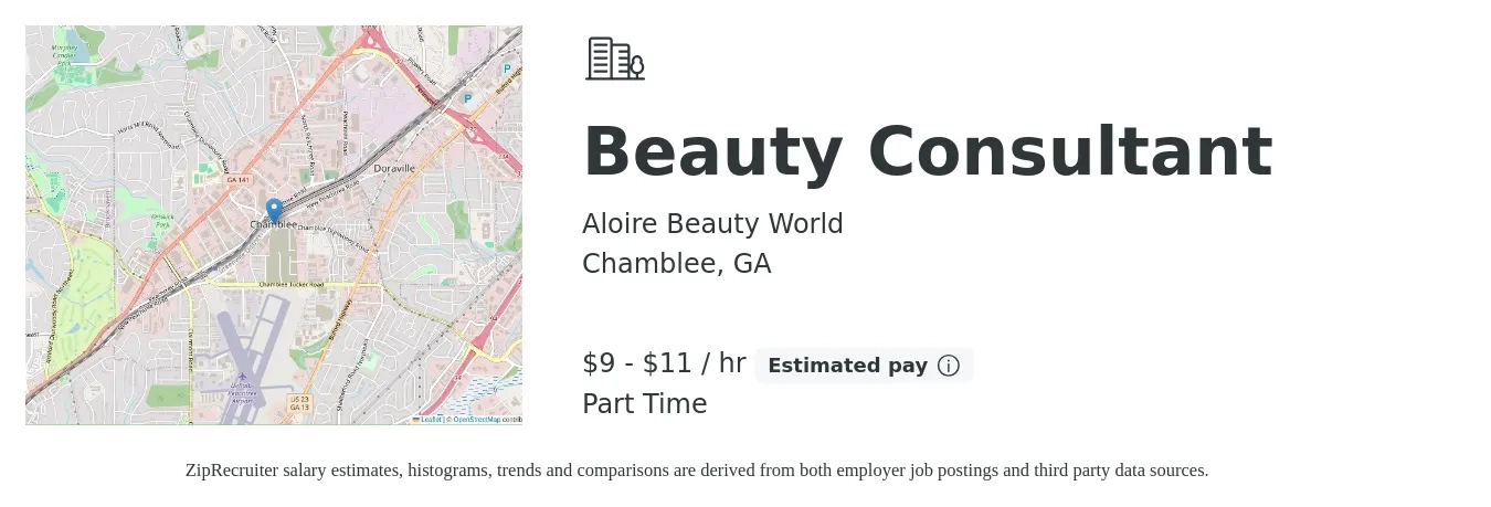 Aloire Beauty World job posting for a Beauty Consultant in Chamblee, GA with a salary of $10 to $12 Hourly with a map of Chamblee location.