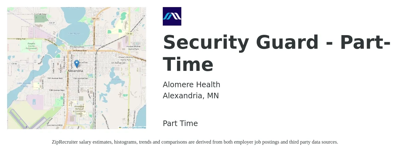 Alomere Health job posting for a Security Guard - Part-Time in Alexandria, MN with a salary of $16 to $19 Hourly with a map of Alexandria location.