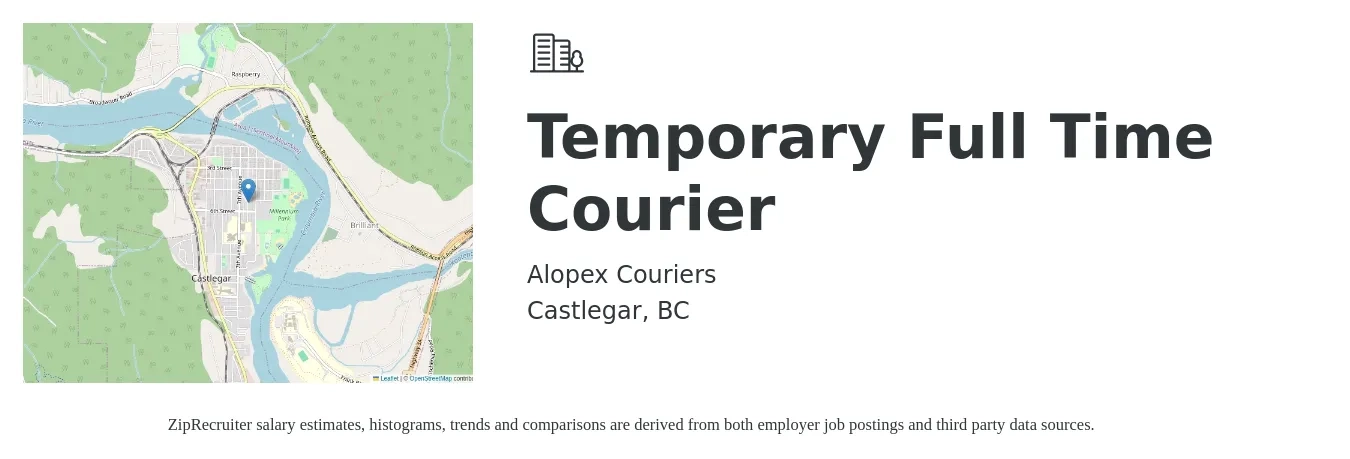 Alopex Couriers job posting for a Temporary Full Time Courier in Castlegar, BC with a salary of $20 Hourly with a map of Castlegar location.