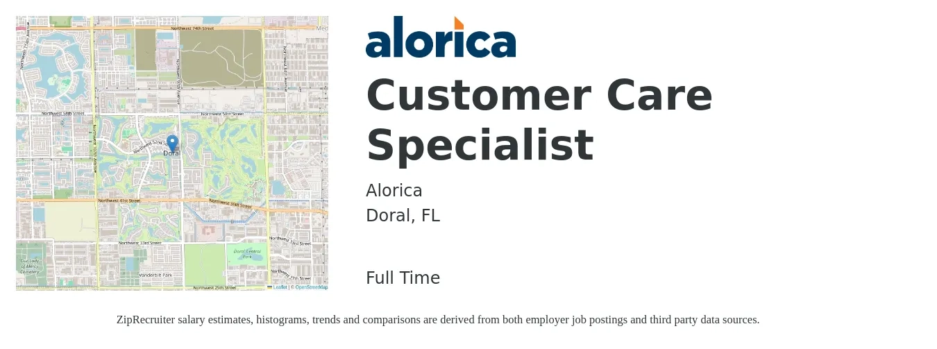 Alorica job posting for a Customer Care Specialist in Doral, FL with a salary of $15 Hourly with a map of Doral location.
